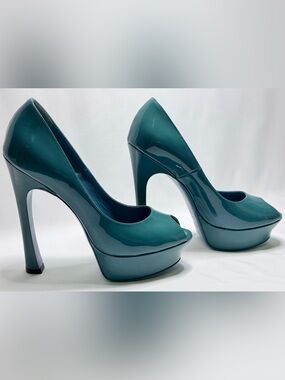 Yves Saint Laurent YSL Vintage Palais Patent Platform Peep Toe Pumps Teal 38